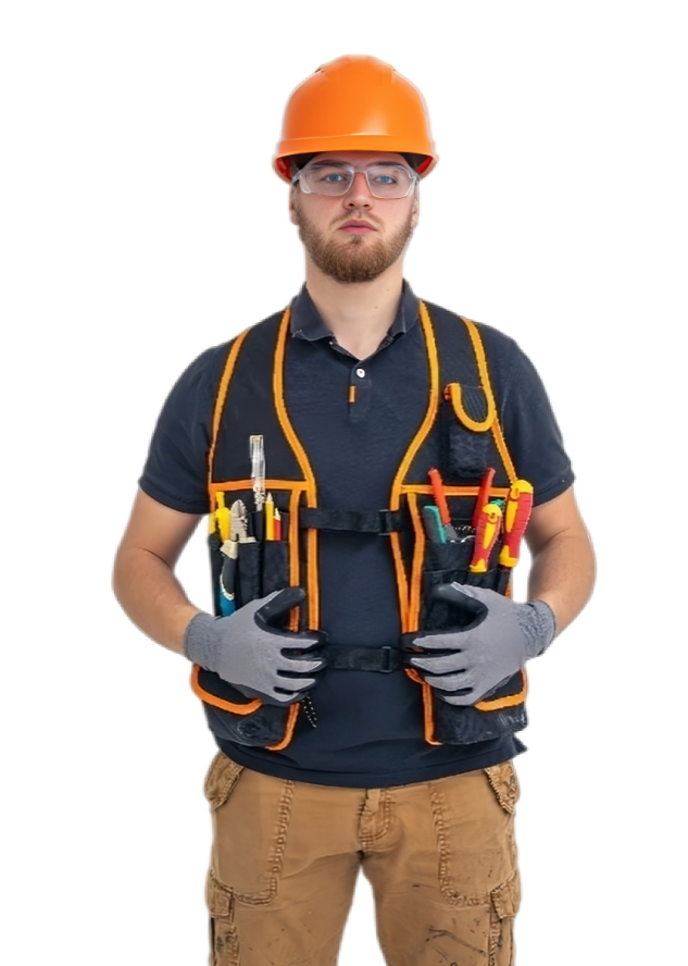 Male builder electrical engineer in overalls and helmet