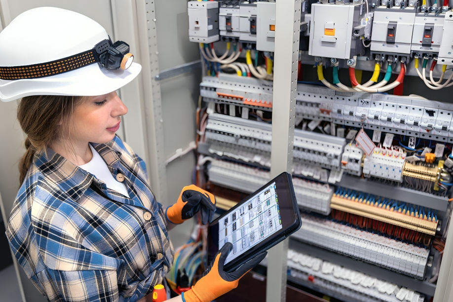 Woman electrician checks tablet schematic by switchboard